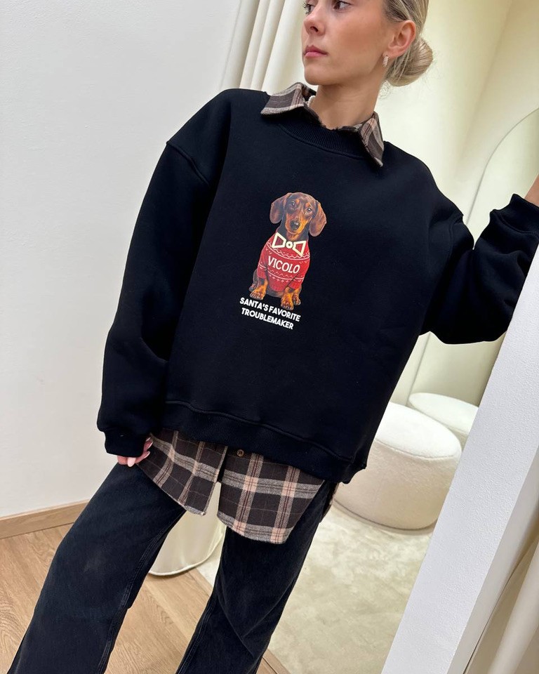 Felpa oversize nera stampa bassotto Natale Vicolo Shop Online Felpa oversize nera stampa bassotto Natale Vicolo