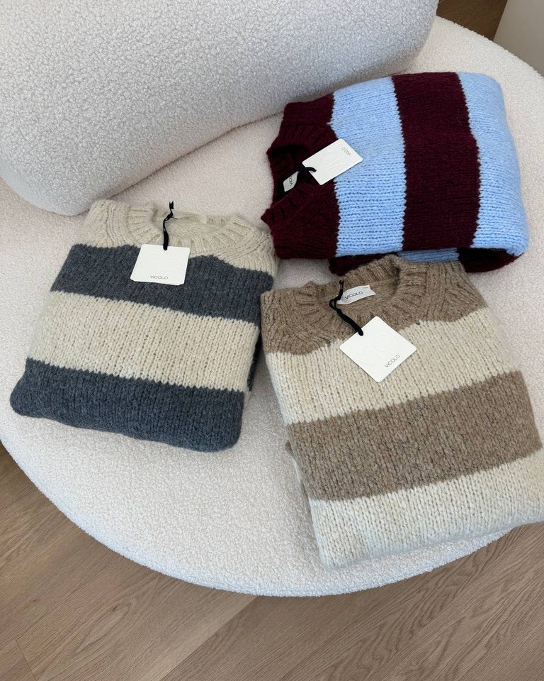 Maglione girocollo righe burro e grigio Vicolo Shop Online Maglione girocollo righe burro e grigio Vicolo