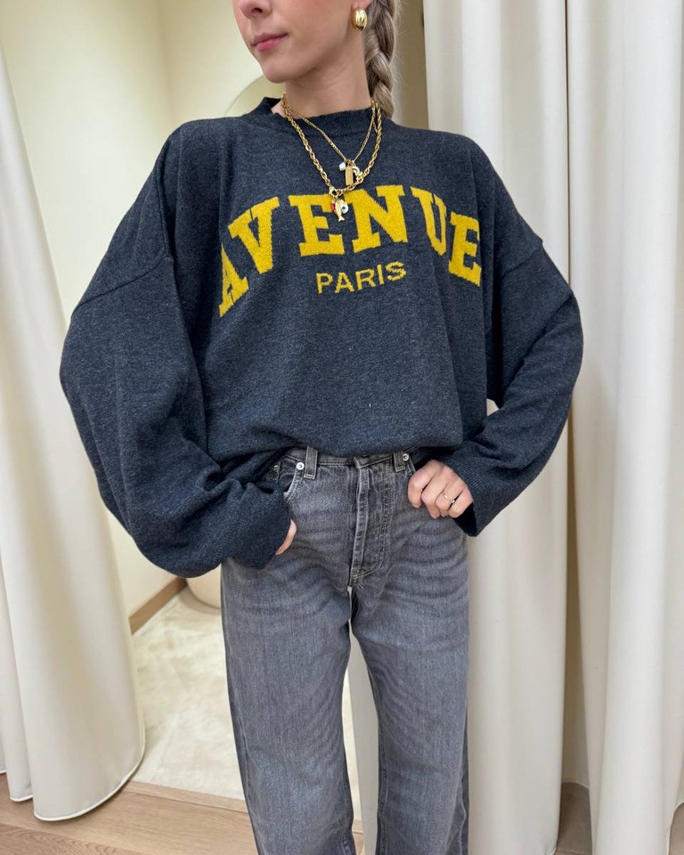 Maglia antracite girocollo con stampa gialla Vicolo Shop Online Maglia antracite girocollo con stampa gialla Vicolo