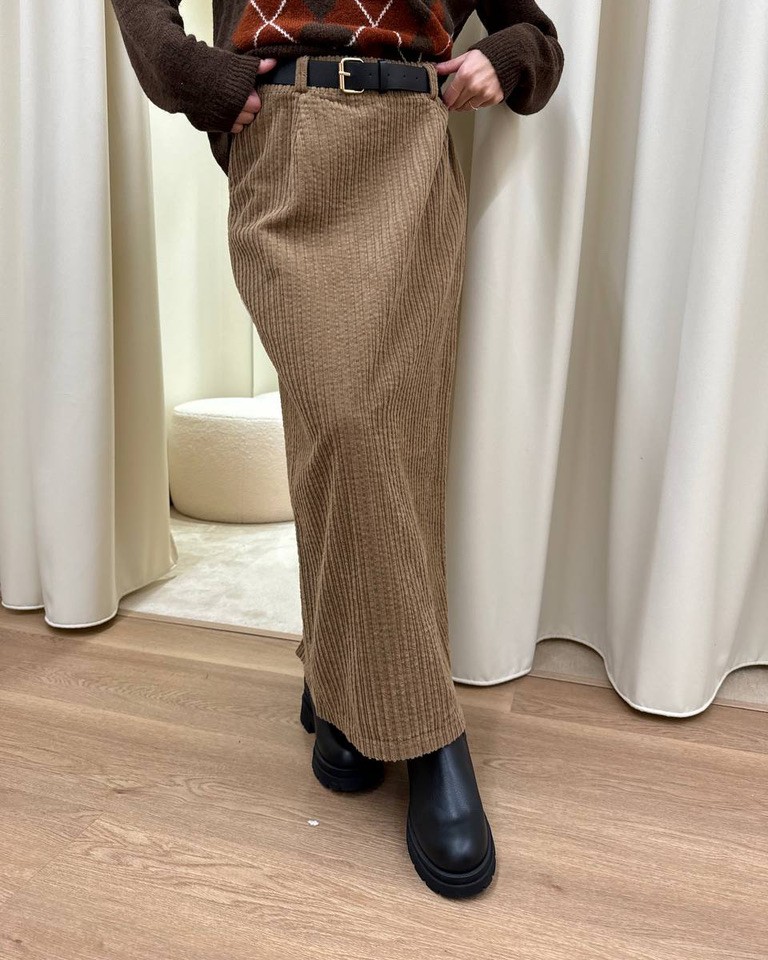 Gonna lunga in velluto cammello con cintura HaveOne Shop Online Gonna lunga in velluto cammello con cintura HaveOne