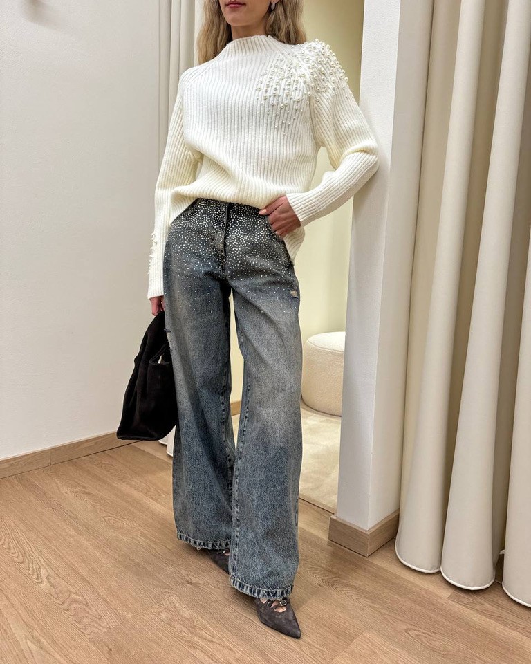 Maglione collo a cratere con perle panna HaveOne Shop Online Maglione collo a cratere con perle panna HaveOne