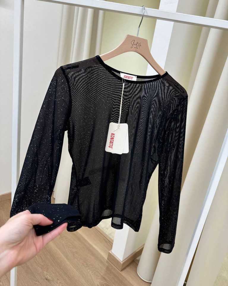 Maglietta nera girocollo semitrasparente con strass Kontatto Shop Online Maglietta nera girocollo semitrasparente con strass Kontatto
