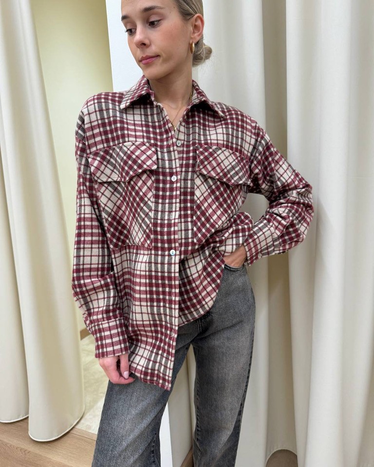 Camicia ampia check beige e rossa con tasche Vicolo Shop Online Camicia ampia check beige e rossa con tasche Vicolo