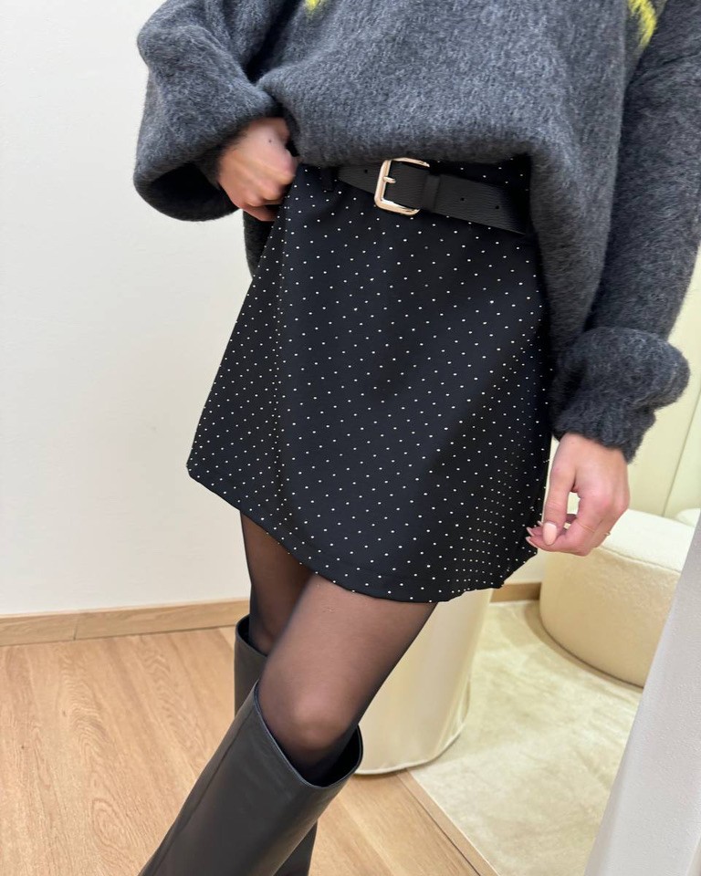 Minigonna nera con strass e cintura HaveOne Shop Online Minigonna nera con strass e cintura HaveOne