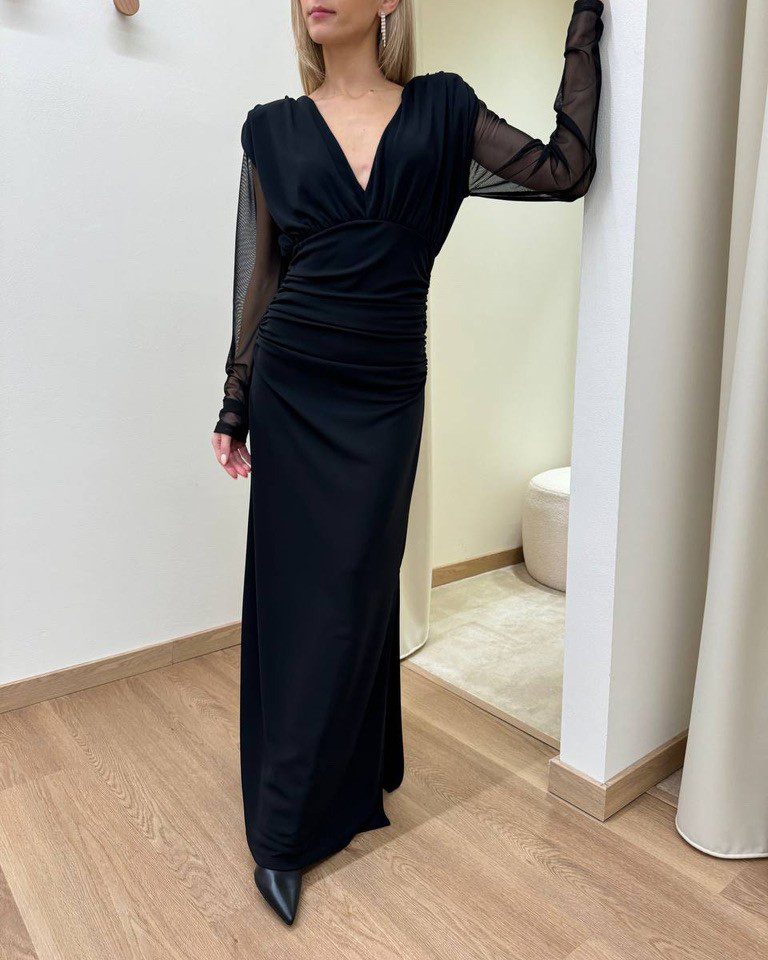 Abito lungo nero maniche semitrasparenti e drappeggi HaveOne Shop Online Abito lungo nero maniche semitrasparenti e drappeggi HaveOne