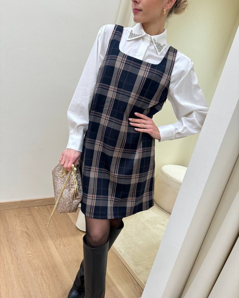 Abito corto check tortora Vicolo Shop Online Abito corto check tortora Vicolo