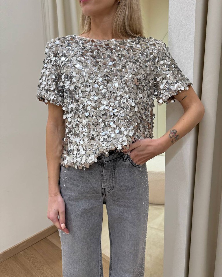 Top argento manica corta con paillettes HaveOne Shop Online Top argento manica corta con paillettes HaveOne