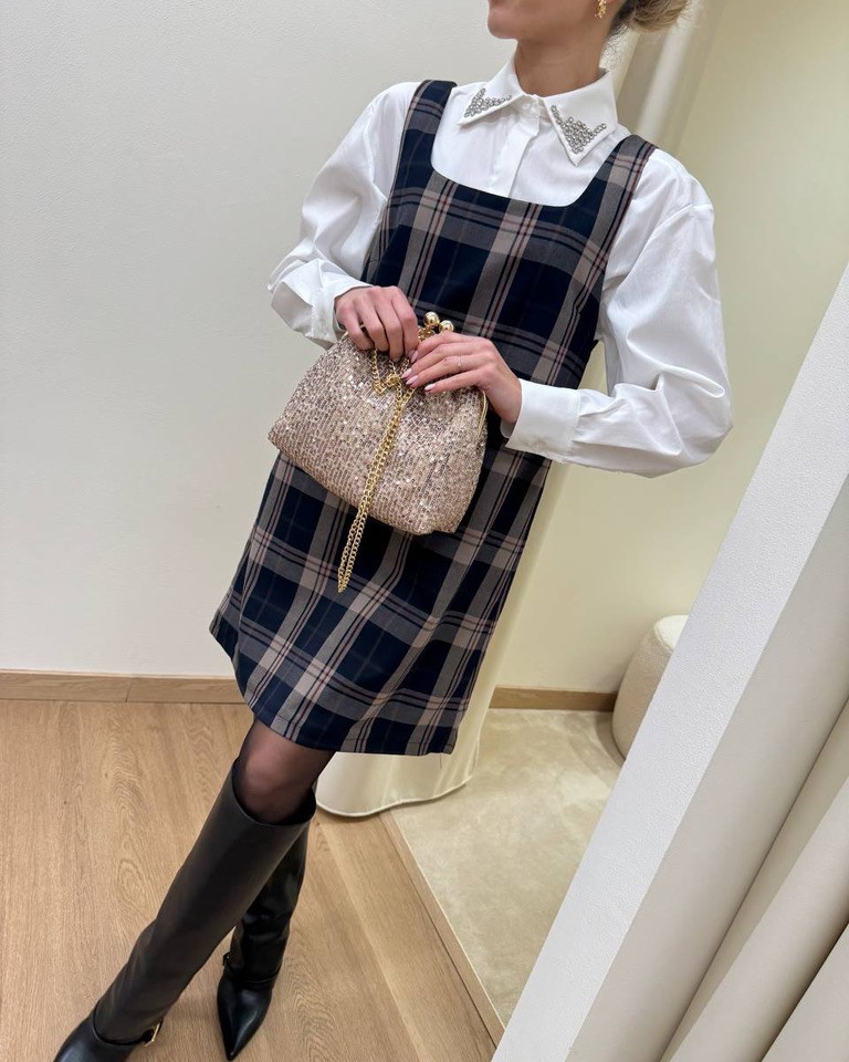 Abito corto check tortora Vicolo Shop Online Abito corto check tortora Vicolo