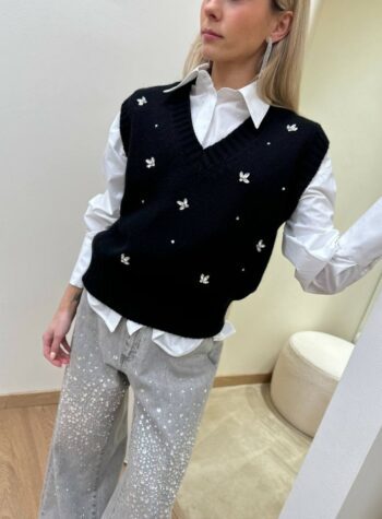 Shop Online Gilet in maglia nero scollo a v con cabochon Vicolo