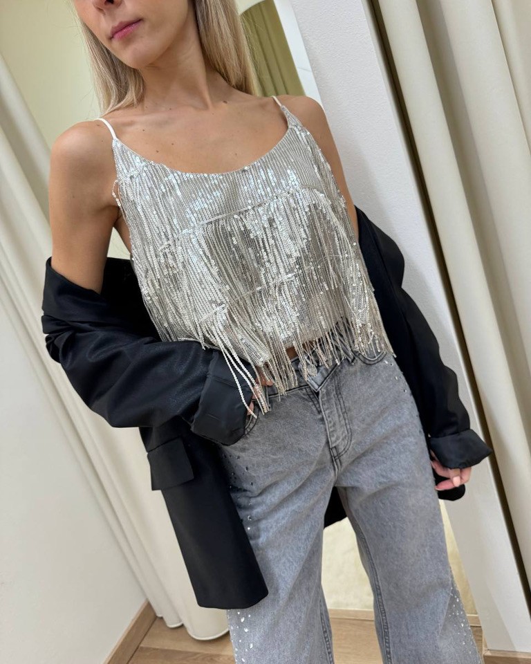 Top crop frange di paillettes champagne HaveOne Shop Online Top crop frange di paillettes champagne HaveOne