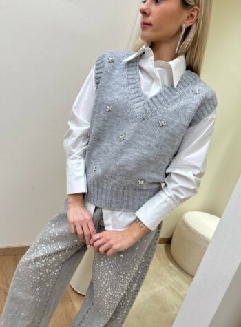 Shop Online Gilet in maglia grigio scollo a v con cabochon Vicolo