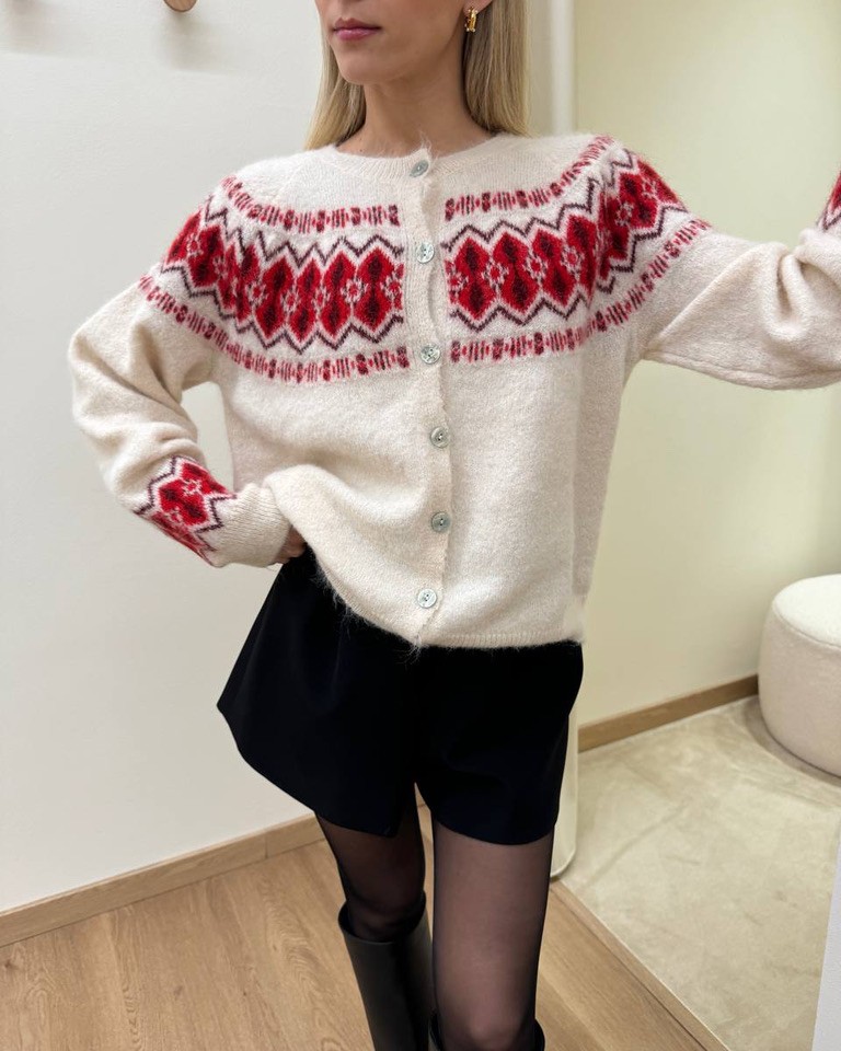 Cardigan jacquard burro e rosso Susy mix Shop Online Cardigan jacquard burro e rosso Susy mix