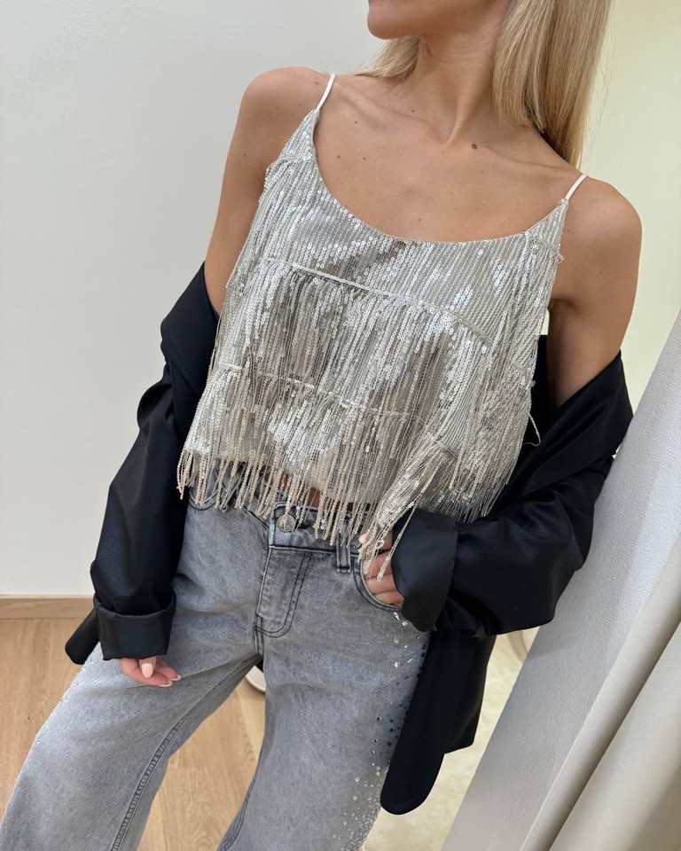 Top crop frange di paillettes champagne HaveOne Shop Online Top crop frange di paillettes champagne HaveOne