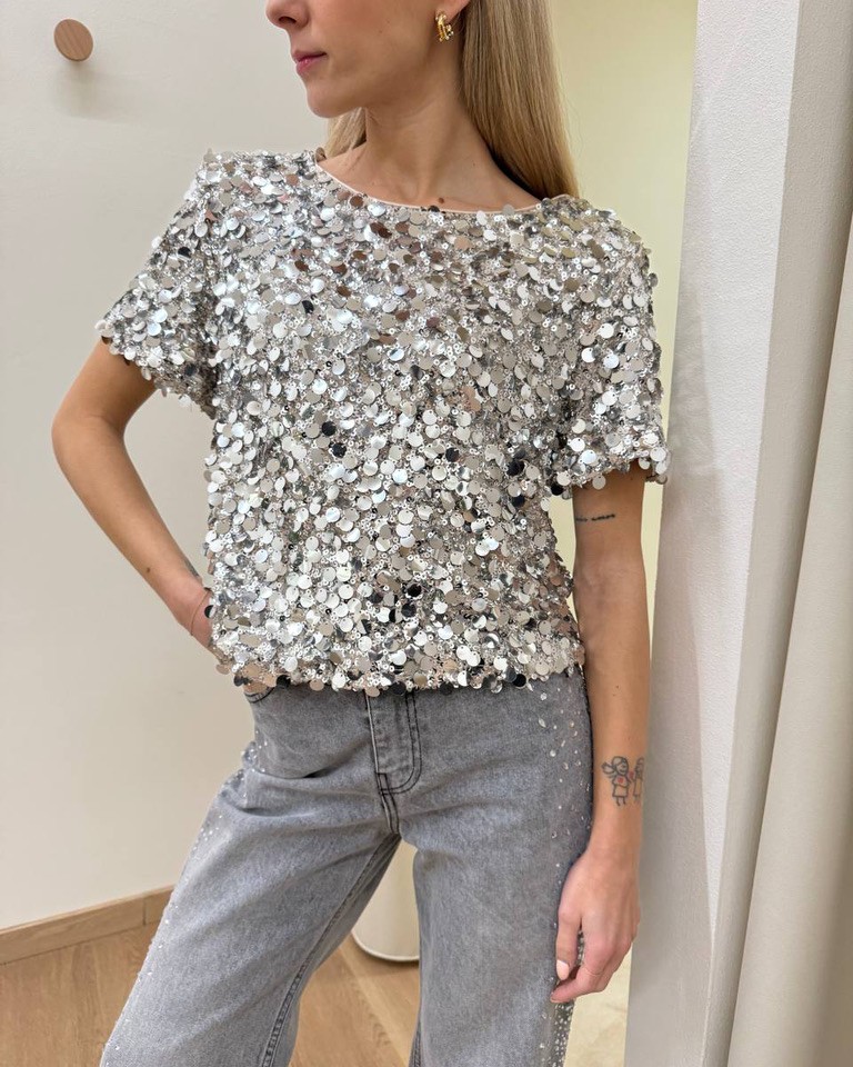 Top argento manica corta con paillettes HaveOne Shop Online Top argento manica corta con paillettes HaveOne