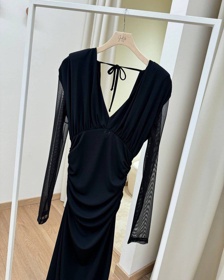 Abito lungo nero maniche semitrasparenti e drappeggi HaveOne Shop Online Abito lungo nero maniche semitrasparenti e drappeggi HaveOne