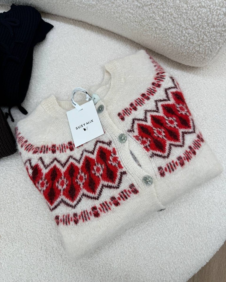 Cardigan jacquard burro e rosso Susy mix Shop Online Cardigan jacquard burro e rosso Susy mix