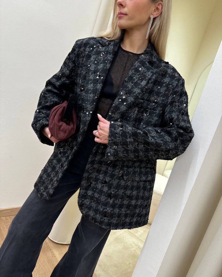 Blazer oversize pied de poule con paillettes nere Vicolo Shop Online Blazer oversize pied de poule con paillettes nere Vicolo