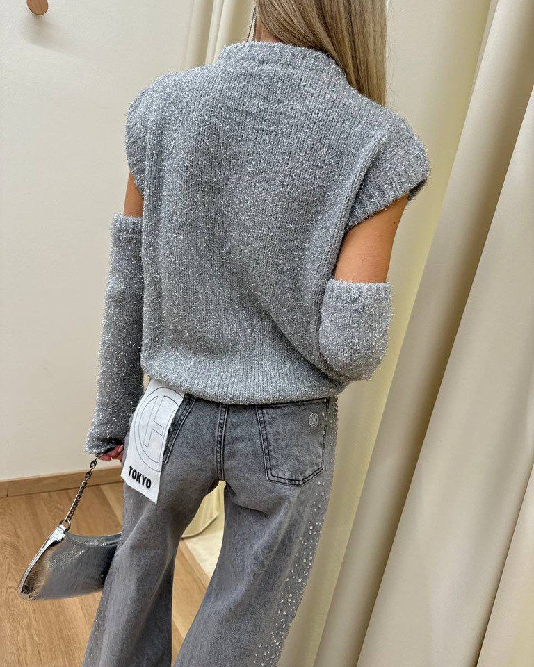 Maglia grigia girocollo con lurex e manicotti Vicolo Shop Online Maglia grigia girocollo con lurex e manicotti Vicolo