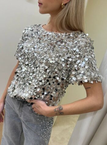 Shop Online Top argento manica corta con paillettes HaveOne