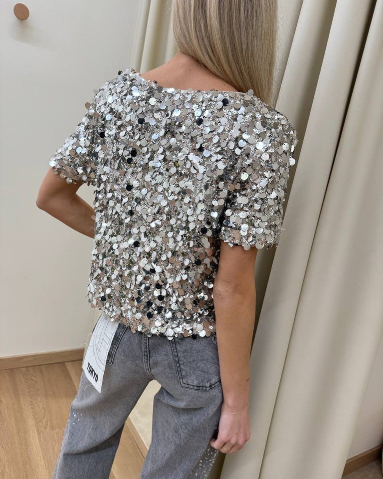 Top argento manica corta con paillettes HaveOne Shop Online Top argento manica corta con paillettes HaveOne