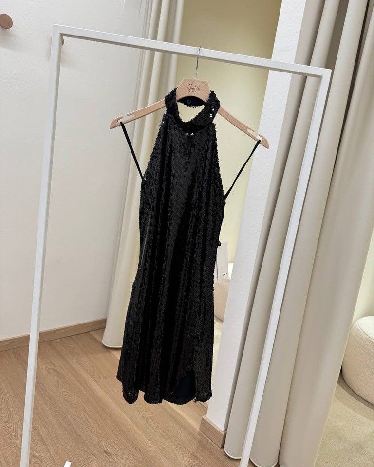 Abito corto in paillettes nere scollo all'americana HaveOne Shop Online Abito corto in paillettes nere scollo all'americana HaveOne