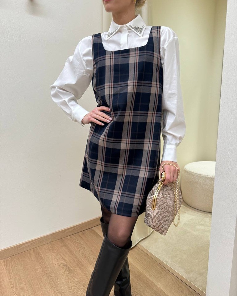 Abito corto check tortora Vicolo Shop Online Abito corto check tortora Vicolo