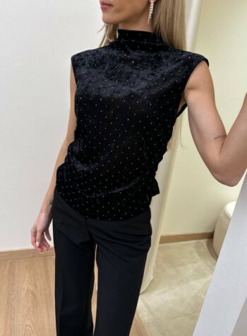 Shop Online Top in velluto nero con strass collo vulcano Kontatto