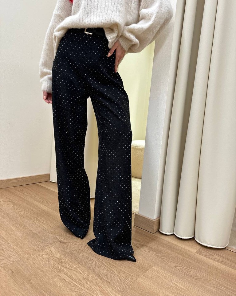 Pantalone palazzo nero con strass e cintura HaveOne Shop Online Pantalone palazzo nero con strass e cintura HaveOne