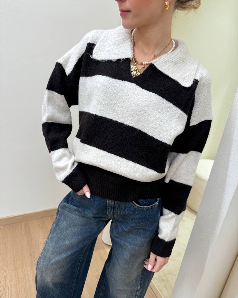 Maglione polo righe panna e moro HaveOne Shop Online Maglione polo righe panna e moro HaveOne