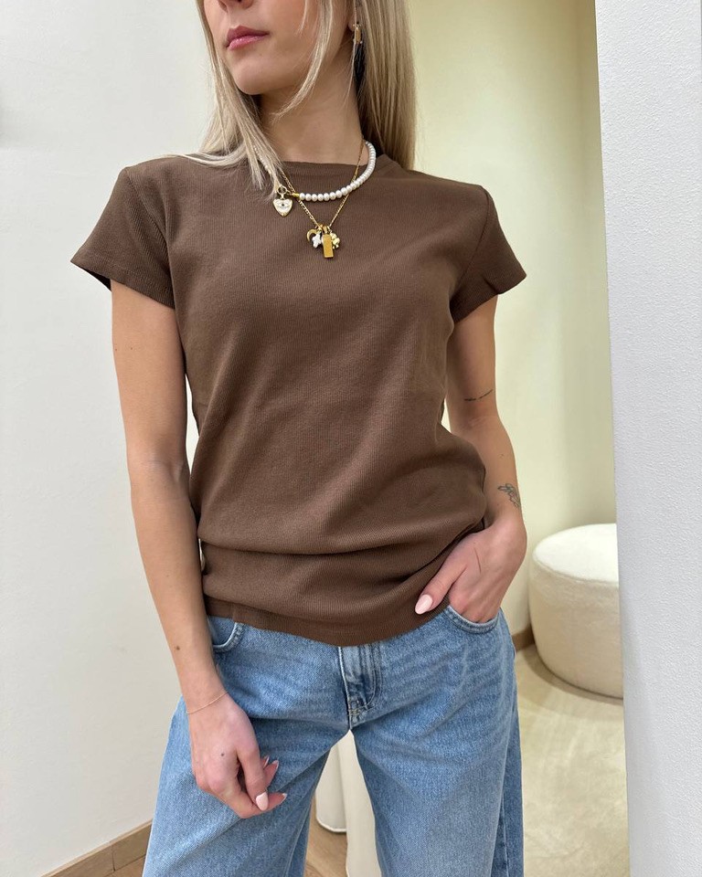 T-shirt girocollo a costine cioccolato HaveOne Shop Online T-shirt girocollo a costine cioccolato HaveOne