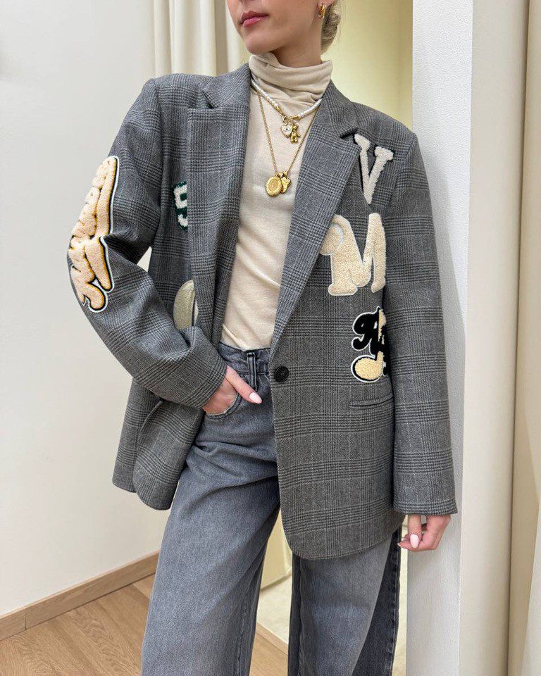 Blazer oversize check grigio con patch Vicolo Shop Online Blazer oversize check grigio con patch Vicolo