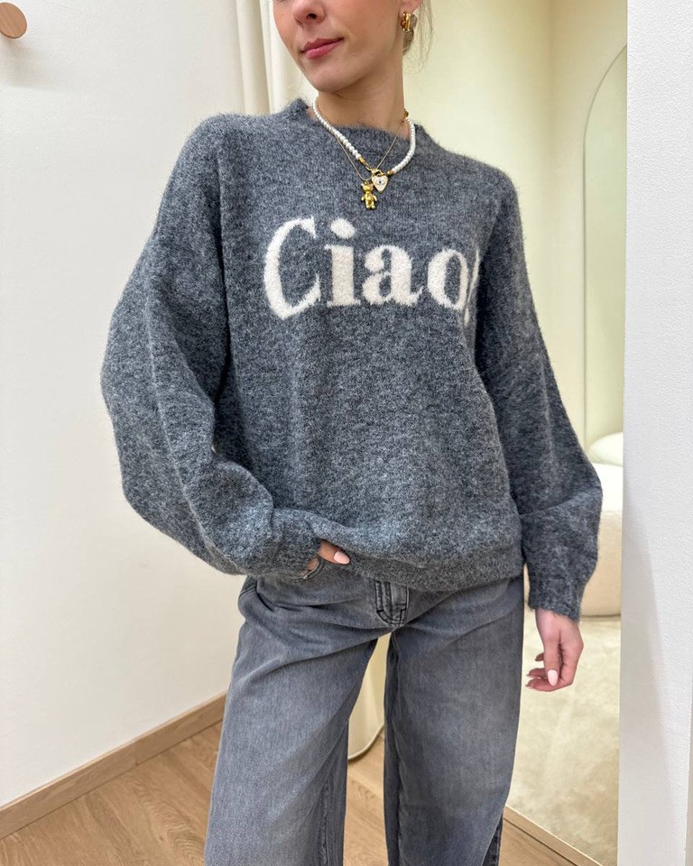 Maglione grigio scritta "Ciao" Susy Mix Shop Online Maglione grigio scritta "Ciao" Susy Mix