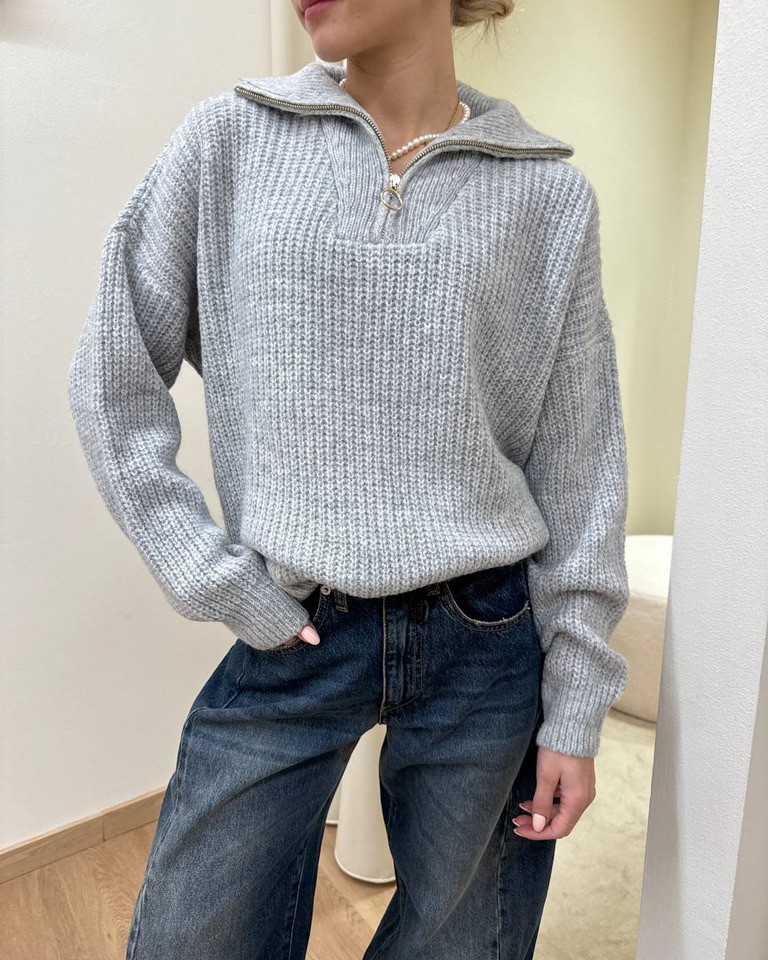 Maglione oversize collo alto con zip grigio perla HaveOne Shop Online Maglione oversize collo alto con zip grigio perla HaveOne