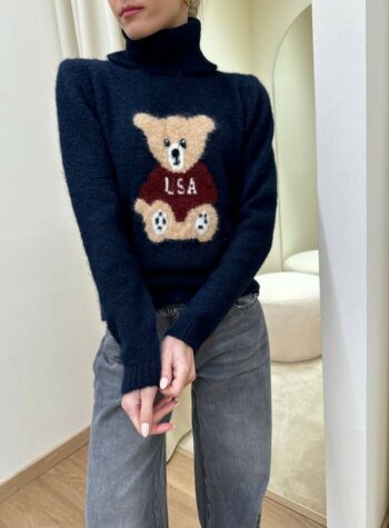 Shop Online Maglione blu collo alto intarsio orsetto Susy Mix