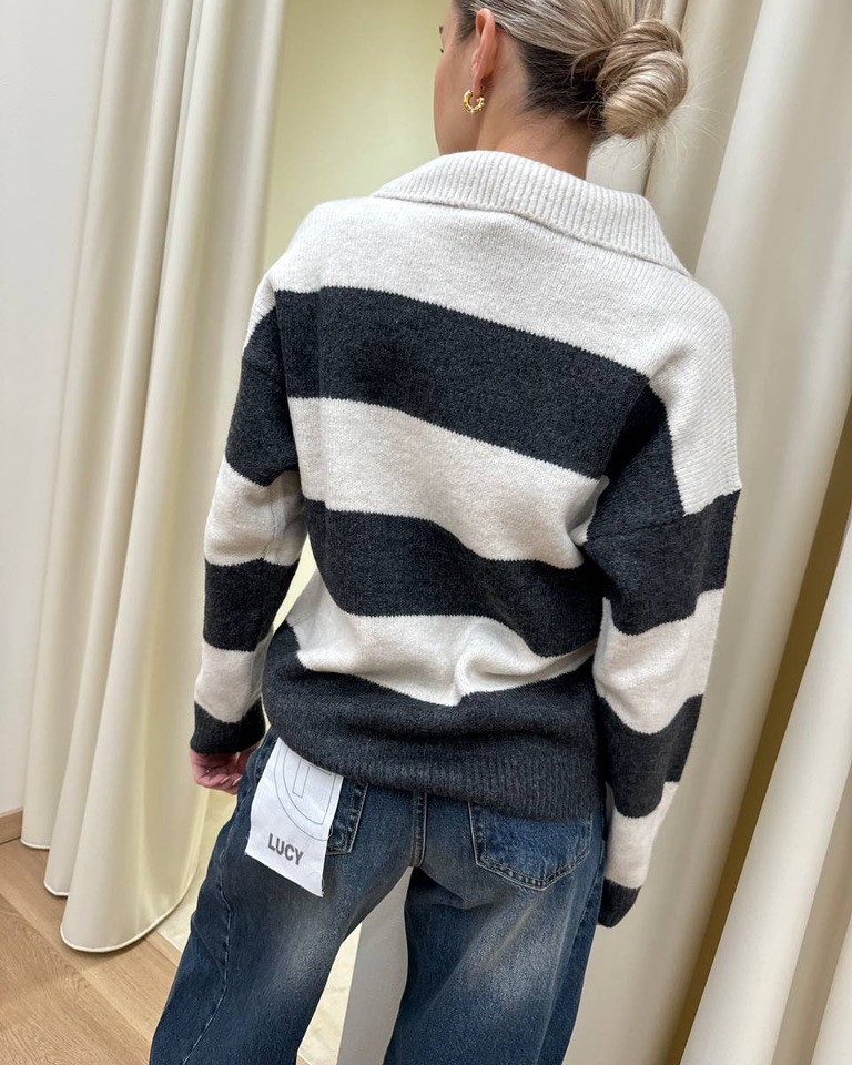 Maglione polo righe panna e antracite HaveOne Shop Online Maglione polo righe panna e antracite HaveOne