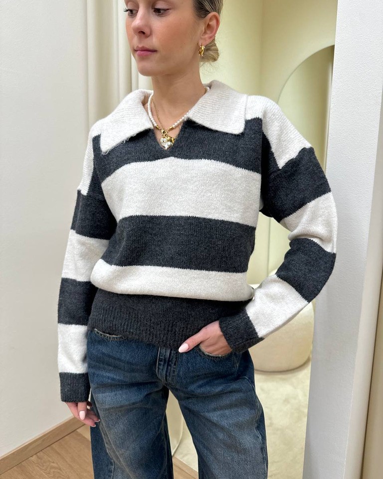 Maglione polo righe panna e antracite HaveOne Shop Online Maglione polo righe panna e antracite HaveOne