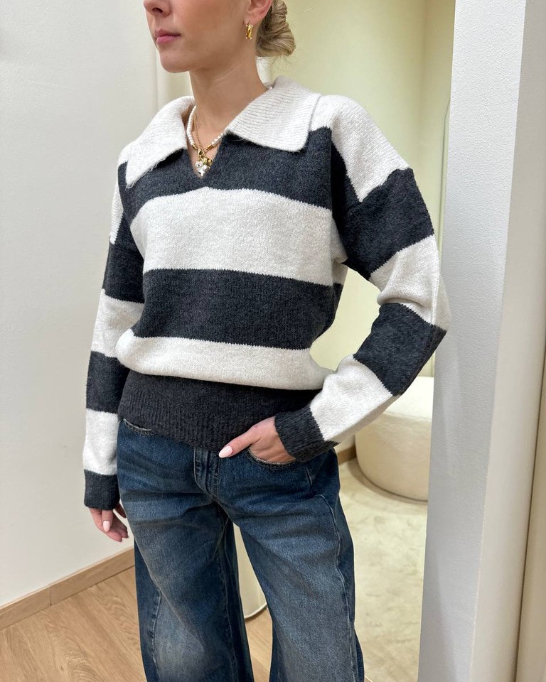 Maglione polo righe panna e antracite HaveOne Shop Online Maglione polo righe panna e antracite HaveOne