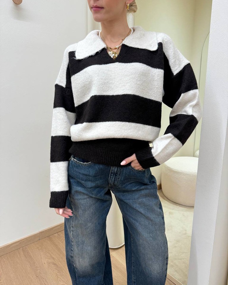 Maglione polo righe panna e moro HaveOne Shop Online Maglione polo righe panna e moro HaveOne