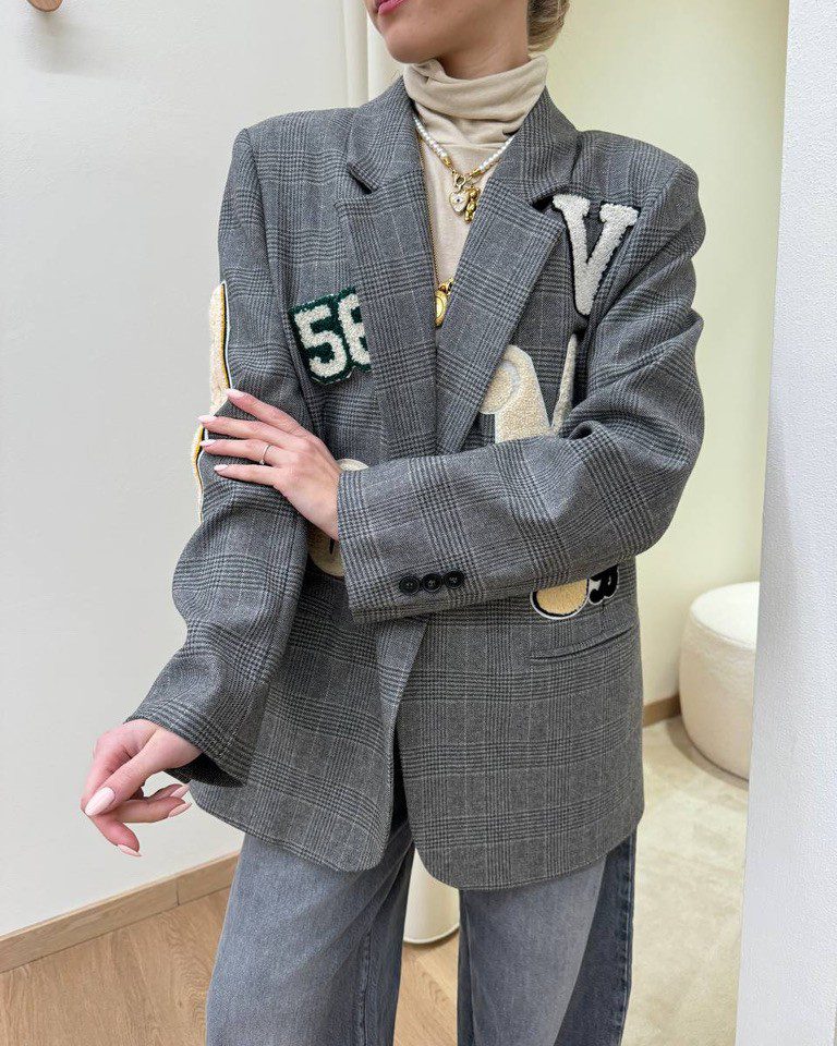 Blazer oversize check grigio con patch Vicolo Shop Online Blazer oversize check grigio con patch Vicolo