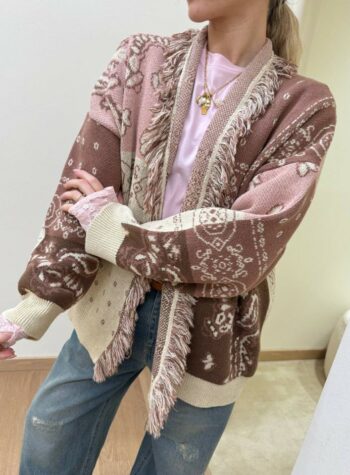 Shop Online Cardigan jacquard frange rosa e beige Kontatto
