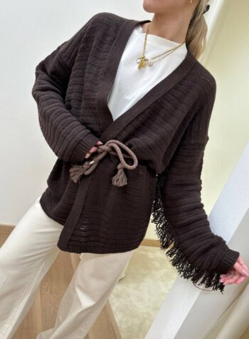 Shop Online Cardigan traforato frange e corda moro Kontatto