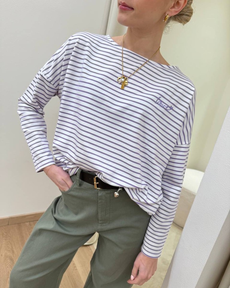 Maglia a righe bianca e lilla ricamo Susy Mix Shop Online Maglia a righe bianca e lilla ricamo Susy Mix