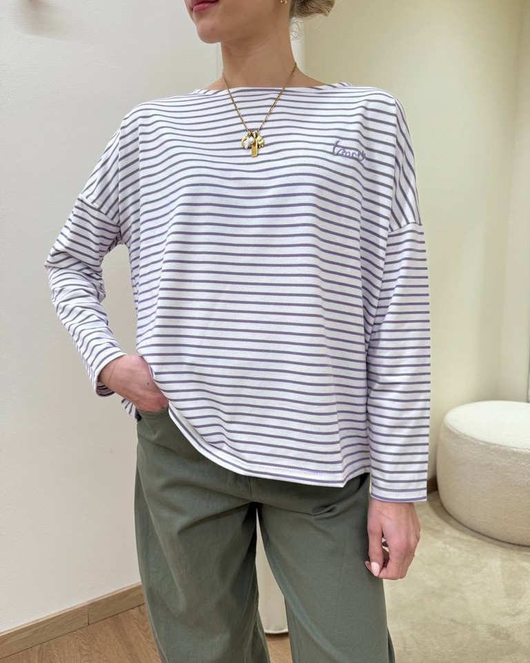 Maglia a righe bianca e lilla ricamo Susy Mix Shop Online Maglia a righe bianca e lilla ricamo Susy Mix