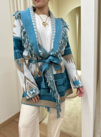 Shop Online Cardigan jacquard frange tortora e petrolio Vicolo