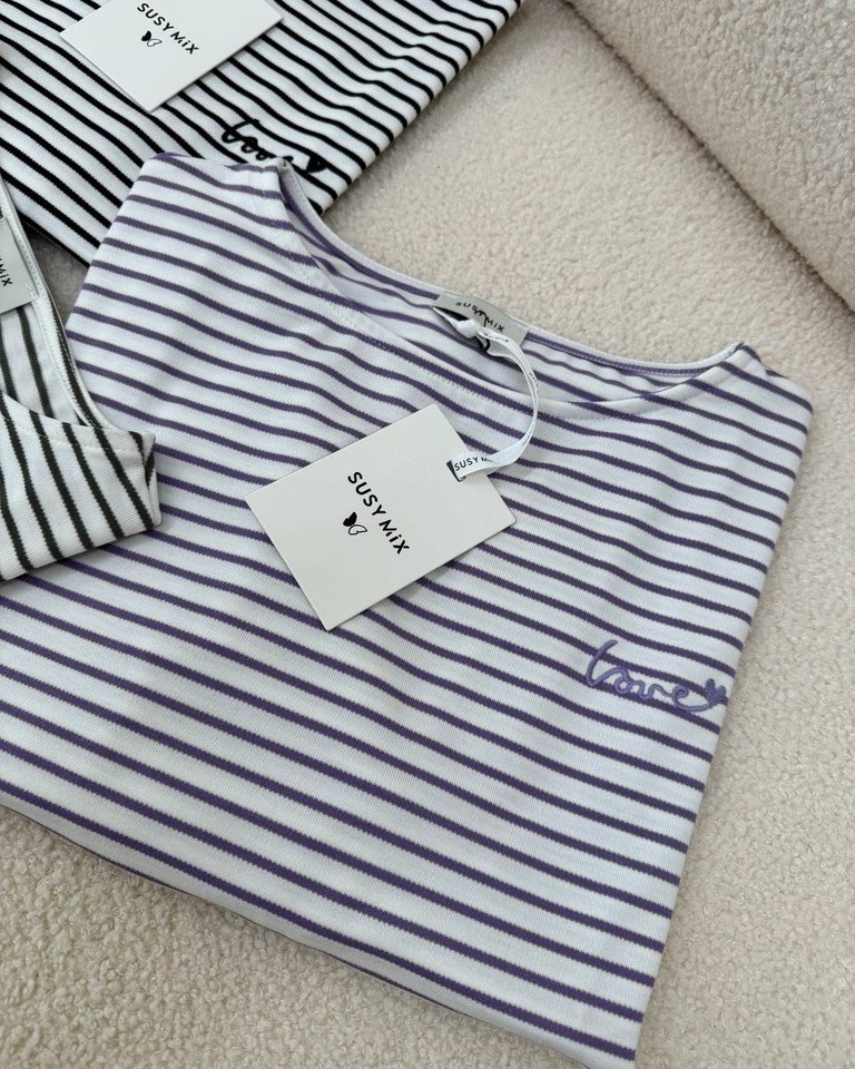 Maglia a righe bianca e lilla ricamo Susy Mix Shop Online Maglia a righe bianca e lilla ricamo Susy Mix