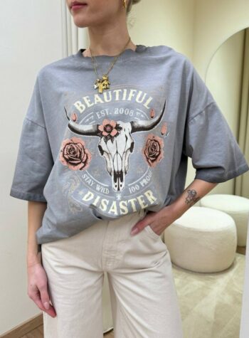 Shop Online T-shirt oversize grigia stampa teschio e rose HaveOne