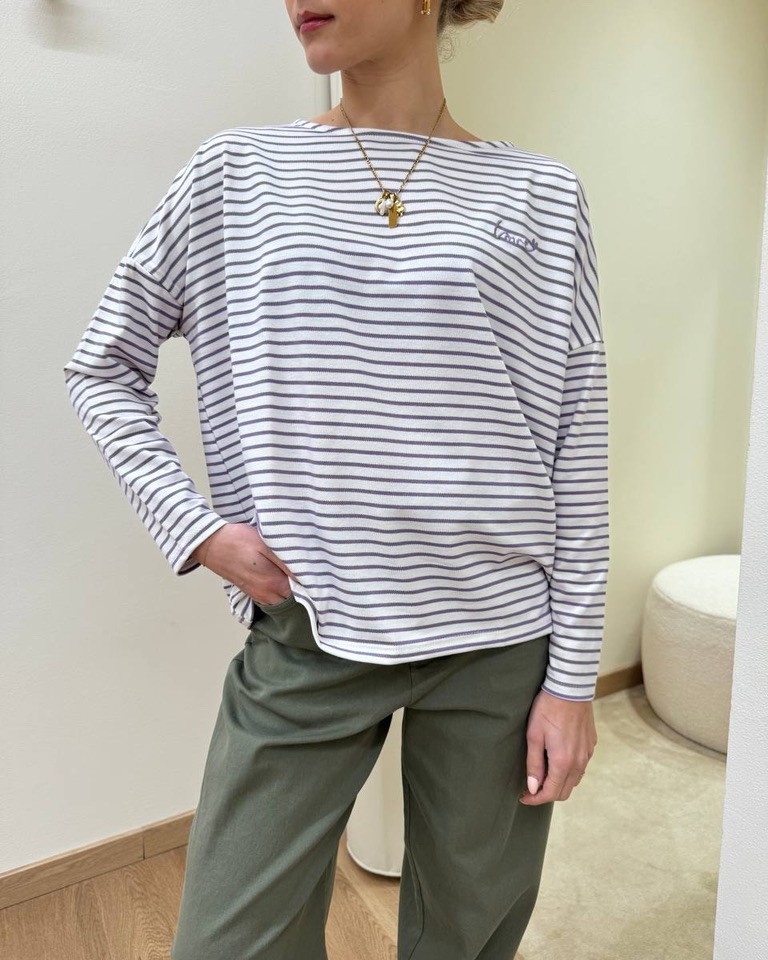 Maglia a righe bianca e lilla ricamo Susy Mix Shop Online Maglia a righe bianca e lilla ricamo Susy Mix