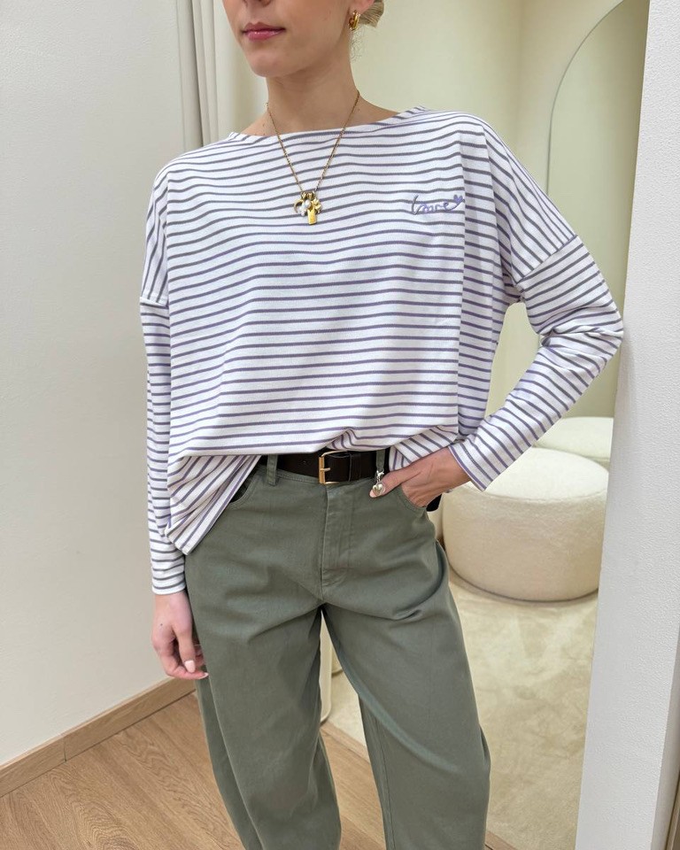 Maglia a righe bianca e lilla ricamo Susy Mix Shop Online Maglia a righe bianca e lilla ricamo Susy Mix
