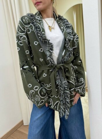 Shop Online Cardigan fantasia jacquard verde militare e cinturino Kontatto