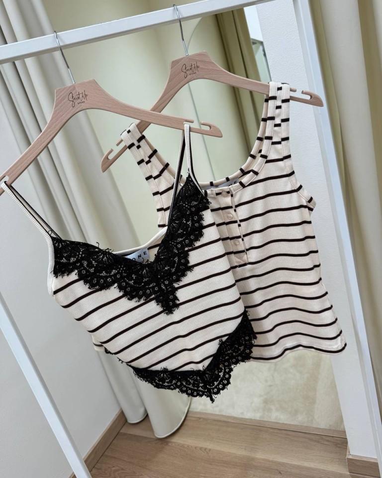 Canotta a righe burro inserti pizzo moro HaveOne Shop Online Canotta a righe burro inserti pizzo moro HaveOne